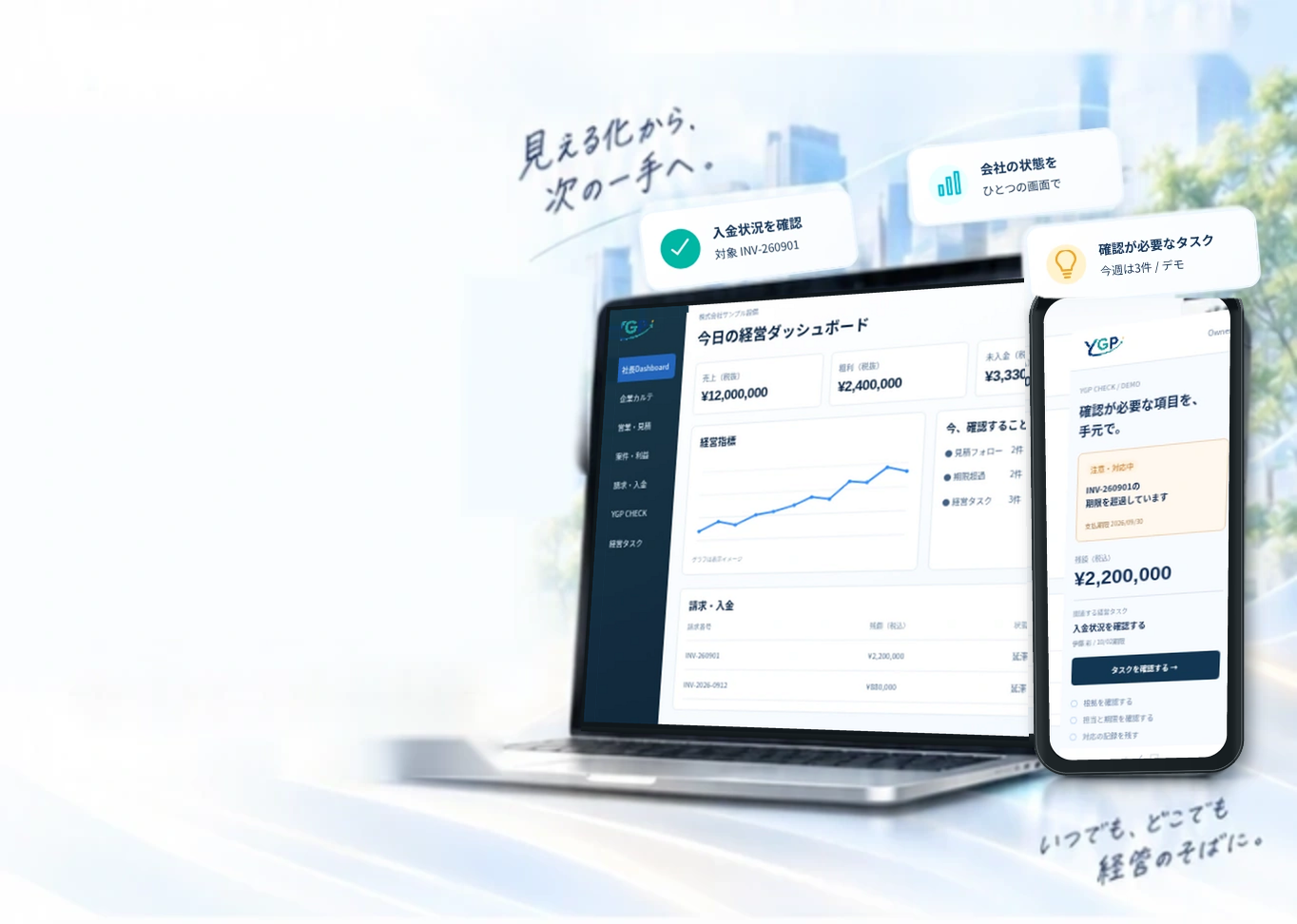 明るい街並みを背景に、ノートPCを主役、スマートフォンを補助に配置したYGPの製品イメージ